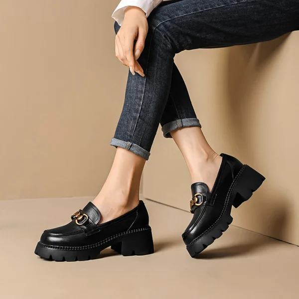 Loafers Women Genuine Cow Leather Platform Casual Shoes Metal Chain - Image 3