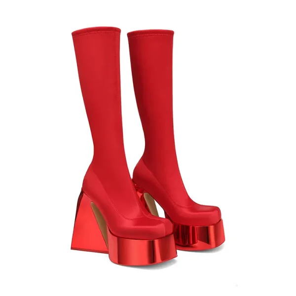 Thick Soled High Tube Thick High Heel Thin Leg Elastic Boots Square Head Punk Style Knee - Image 5