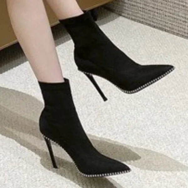 High Heels New Satin Pointed Toe Short Boots Women Thin Heel Stretch Sock Boots Female Shoes - Image 4