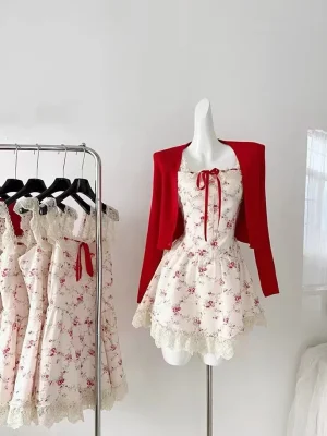 Sweet Floral Dress Set Woman Casual Red Short Cardigan Elegant Lace