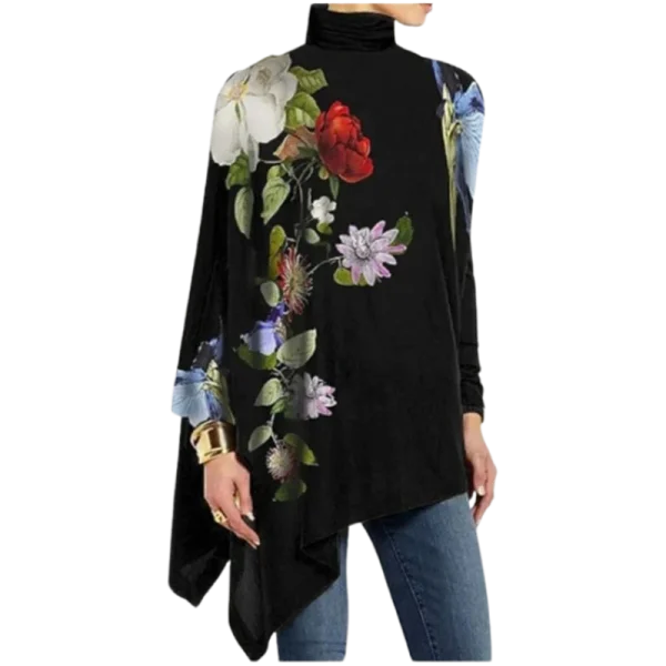 Rose Printed Long Sleeve Black Top Women's Loose T-shirt Elegant - Image 2