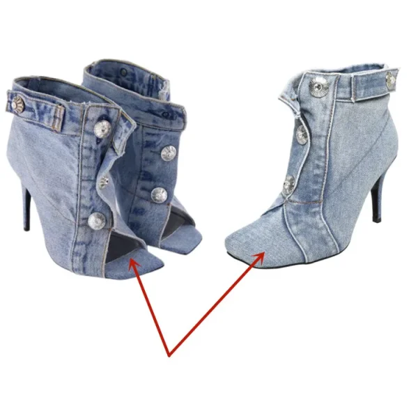 Women's Summer European and American Vintage Denim Slim High Heel Button Sandals - Image 8