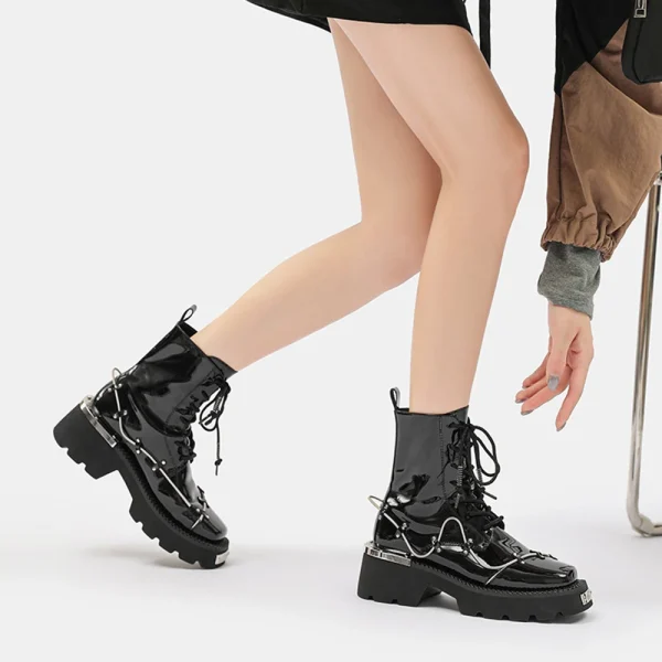 Lace Up Metal Boots Square Toe Increasing Height Spring Cross Tied Ankle Women Booties - Image 4