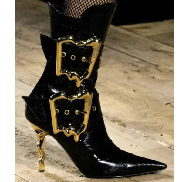 Women's New Fashion Knee Length Boots Pointed Belt Buckle Side Zipper Sexy Show Party - Image 5