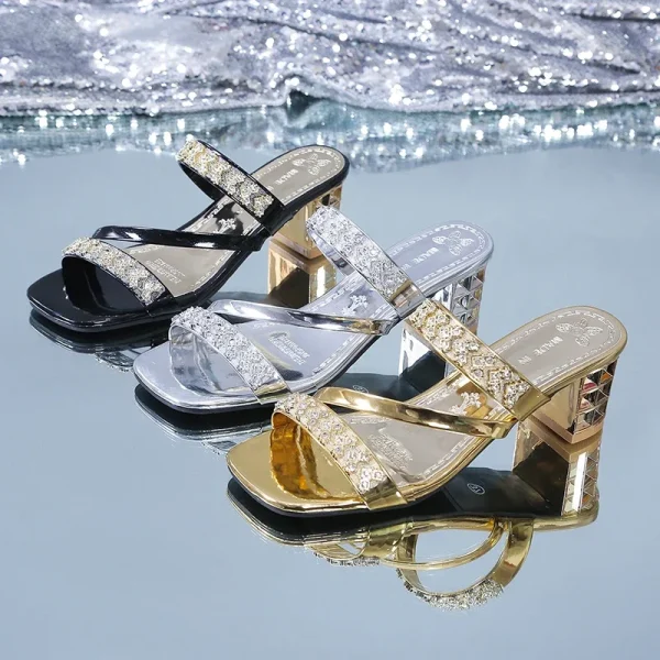 Shiny Gold Silver Women's Sandals Summer 2025 Crystal High Heels Party Shoes Woman - Image 9