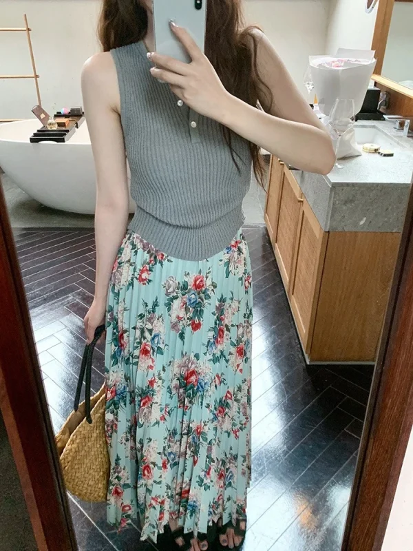 Floral Pleated Skirt Women's Clothing High Waist Loose Jupe Fashion - Image 5