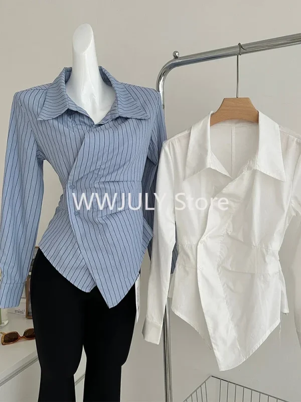 Women Stylish Korean Vintage Striped Shirts Long Sleeve Blouses Design - Image 3