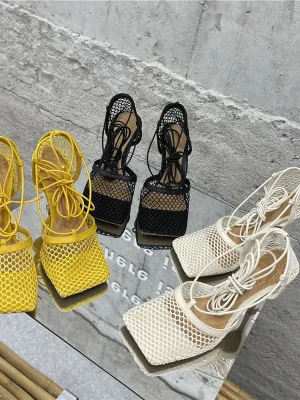 Mesh Breathable Square Head Lace-up Women’s Shoes, Women Sexy Seductive Mesh High Heels, Sandals