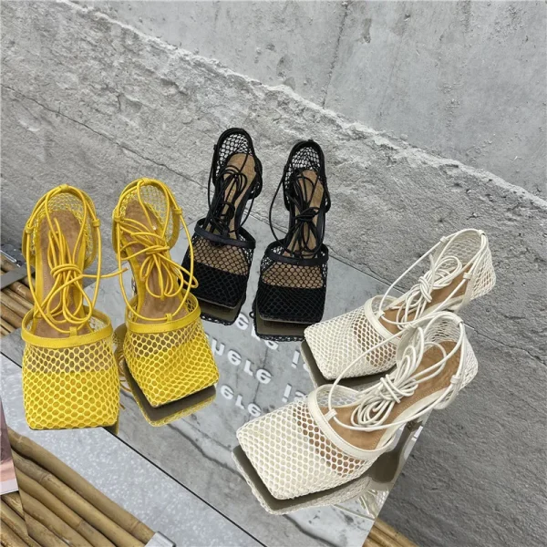 Mesh Breathable Square Head Lace-up Women's Shoes, Women Sexy Seductive Mesh High Heels, Sandals