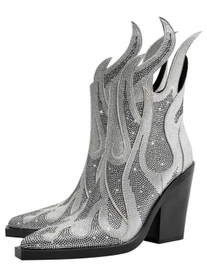 Women’s Rhinestone Flame Ankle Boots Fashion Square Head High Heels Western Boots