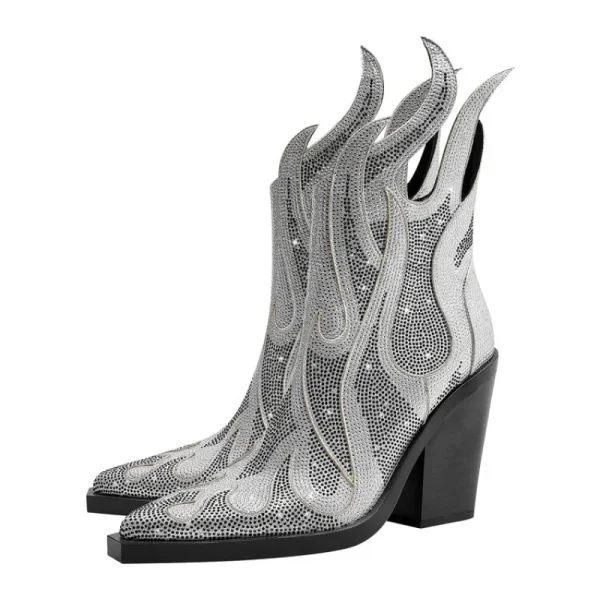 Women's Rhinestone Flame Ankle Boots Fashion Square Head High Heels Western Boots