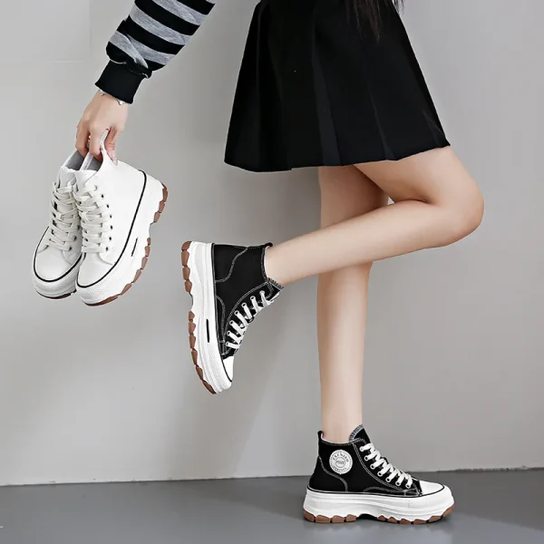 Women High Top Sneakers Lace-Up Casual Platform Height Canvas Non-slip - Image 7