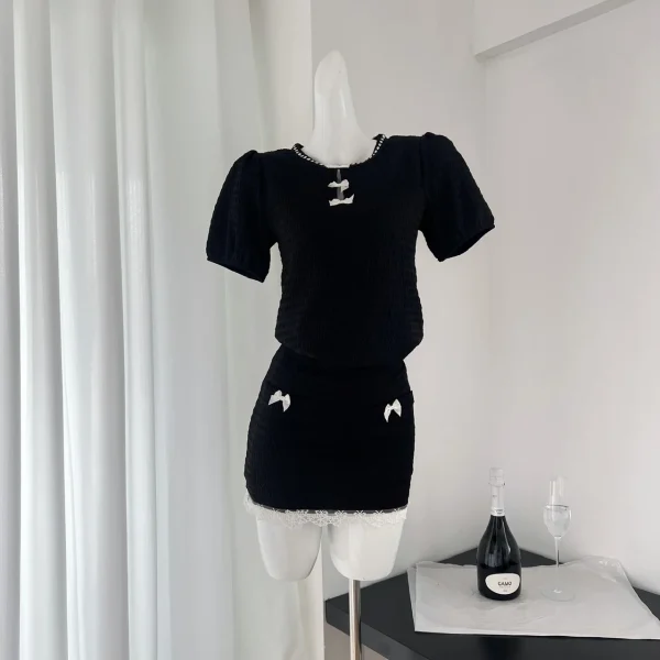 Sweet Elegant Skirt Set Woman Solid Casual Blouse Slim Bodycon Mini Skirt - Image 4