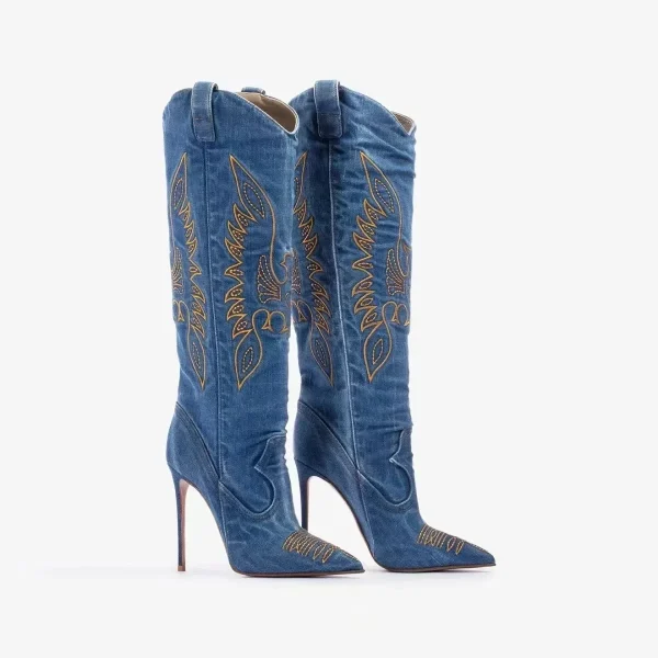 Women's New Embroidered Western Denim Knee Long Boots Fashion Pointed Thin High Heels - Image 3