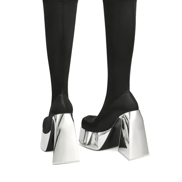 Thick Soled High Tube Thick High Heel Thin Leg Elastic Boots Square Head Punk Style Knee - Image 3