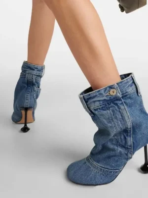 High Heel Short Boots Round Head Jeans Boots Pocket Design Runway Women’s Large Short Boots