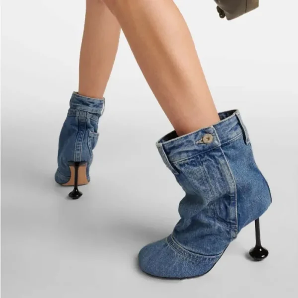 High Heel Short Boots Round Head Jeans Boots Pocket Design Runway Women's Large Short Boots