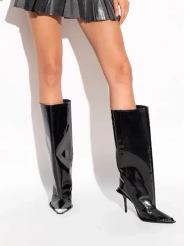 Metal Pointed Patent Leather Knee High Boots, Slim High Heels, Wide Tube Women's Oversized Boots