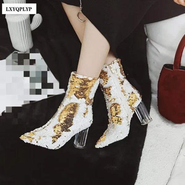 Women's Shoes Crystal High-heeled Pointed Boots Discoloration Sequins Thick Hee - Image 2