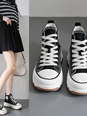 Women High Top Sneakers Lace-Up Casual Platform Height Canvas Non-slip