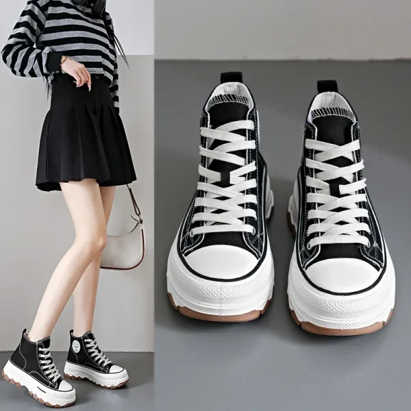 Women High Top Sneakers Lace-Up Casual Platform Height Canvas Non-slip