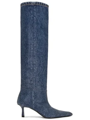 Denim Boots with Sequin Pleated Heels Stacked Long Boots, Thin Heels, Slim Fashion, Large Women’s Boots