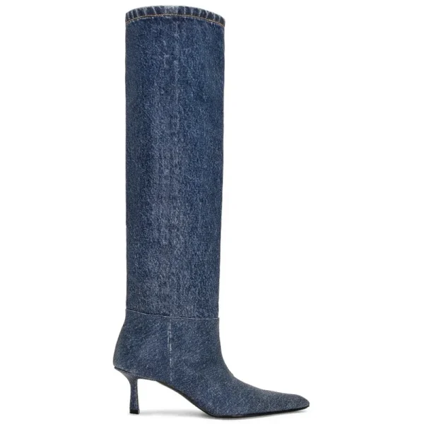 Denim Boots with Sequin Pleated Heels Stacked Long Boots, Thin Heels, Slim Fashion, Large Women's Boots