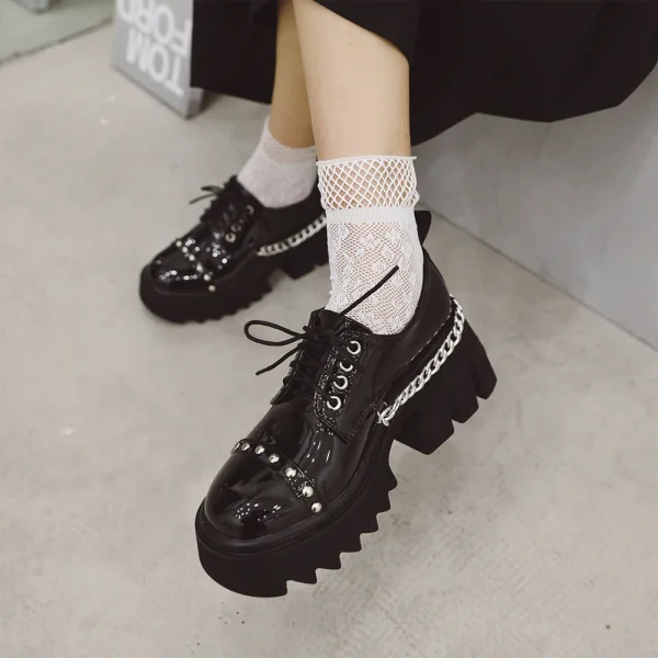 Women's Spring Punk Ankle Boots Lace-up Pumps Medium Heel Platform Rock Female Shoes - Image 4