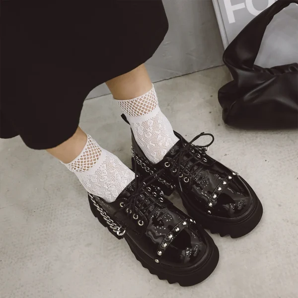 Women's Spring Punk Ankle Boots Lace-up Pumps Medium Heel Platform Rock Female Shoes - Image 6