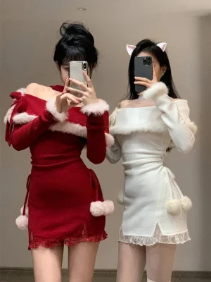 Winter Christmas Red Slim Knitted Mini Dress Even Party