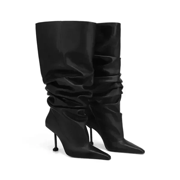 Winter High-heeled Knee Length Pleated Boots, Fashionable Pointed Sleeve - Image 5