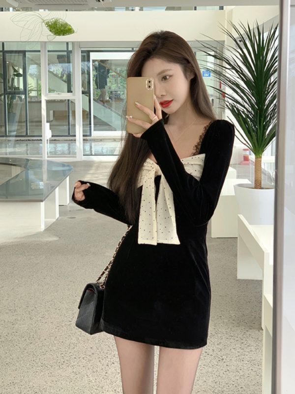 French Vintage Black Velvet Dress Casual Slim Bodycon  Mini Dress