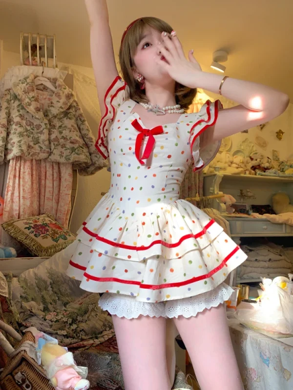 Summer Dress Woman Lolita Sweet Polka Dot Flying Sleeve Dress Bow Ruffles - Image 5