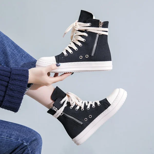 Men's Shoes Thick Shoelace Fashion High Top Platform Black Leather Casual Women's - Image 3