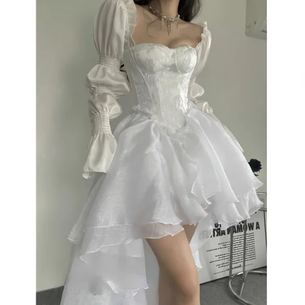 Fairy Long Sleeve Even Party Dress Woman White French Elegant Midi Dress - Image 3