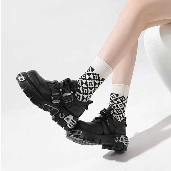 Woman Gothic Flame Carved Vintage Rock Boots Leather Shoes Metal