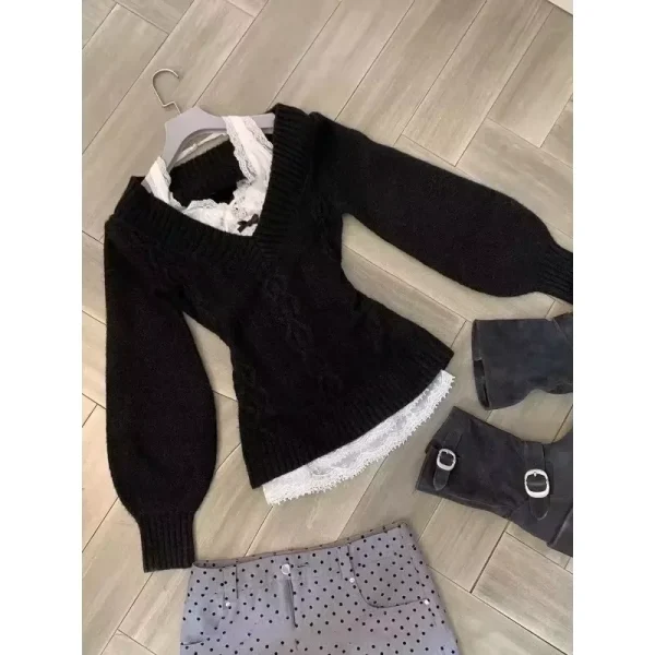 Women 2000s Aesthetic Gyaru Chic Korean Y2k Two Piece Sets Jumper Sweater