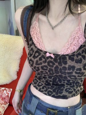 Fake Two Pieces Lace Patchwork Camisole Personality Sexy Streetwear Bow