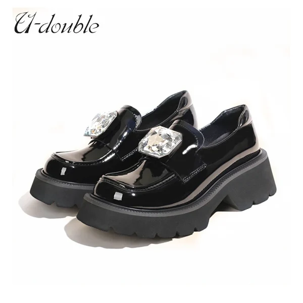 Vintage Women Platform Loafers Rhinestone 2023 New Genuine Leather Chunky Shoes - Image 2