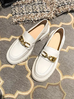 Women Loafers Sneakers Real Leather Platform Shoes White Big  Round Toe Slip