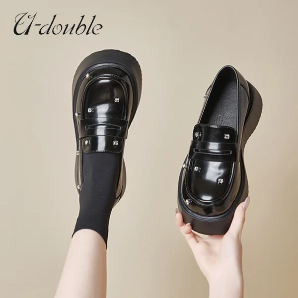 Women New Genuine Leather Platform Loafers Shoes Pumps Wedge Thick Sole Shin - Image 6