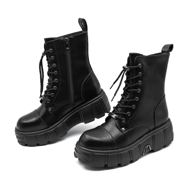 Women Platform Ankle Boots Female's Rock Round Toe Lace Up Fashion Retro