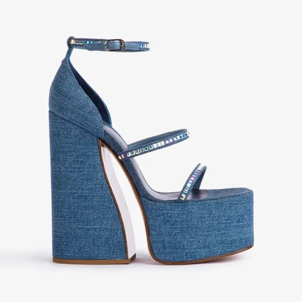 High Heel Sandals Fashion Denim Rhinestone Thick Sole Comfortable Large Women's Sandals - Image 2