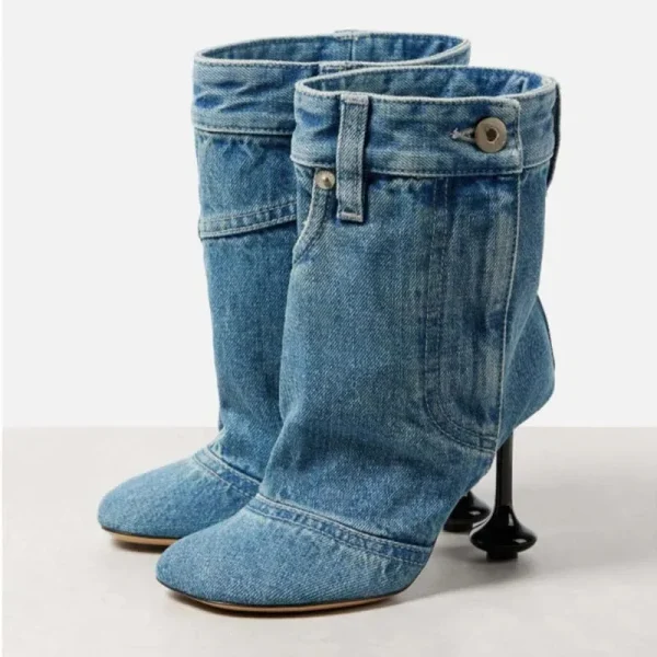 High Heel Short Boots Round Head Jeans Boots Pocket Design Runway Women's Large Short Boots - Image 10