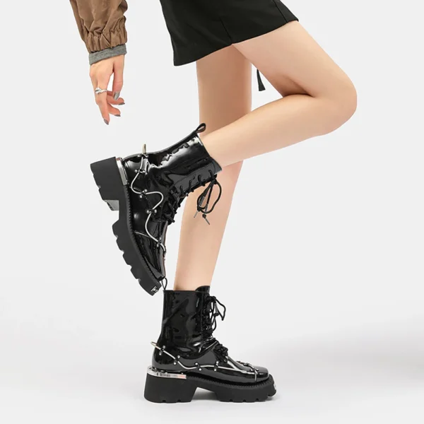 Lace Up Metal Boots Square Toe Increasing Height Spring Cross Tied Ankle Women Booties - Image 3