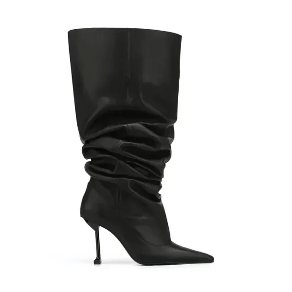 Winter High-heeled Knee Length Pleated Boots, Fashionable Pointed Sleeve, Plus Size for Women - Image 2