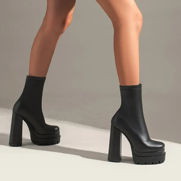 Women's Thick-soled Square Toe Ankle Boots Black and White Thick-soled Motorcycle - Image 2