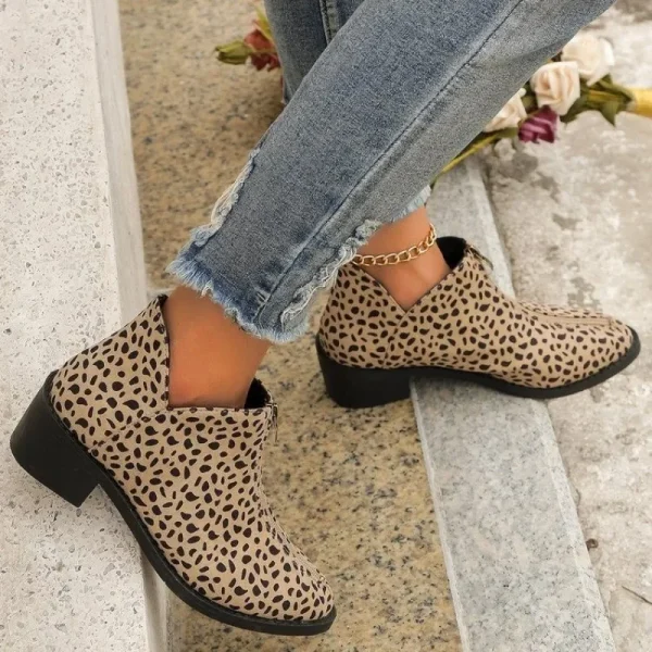 Women's Single Boot Large Leopard Print Front Zipper Square Heel Short Boots - Image 4