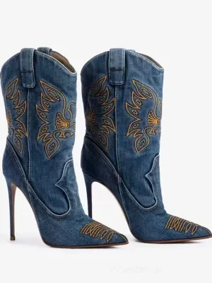 Women’s New Embroidered Western Denim Knee Long Boots Fashion Pointed Thin High Heels