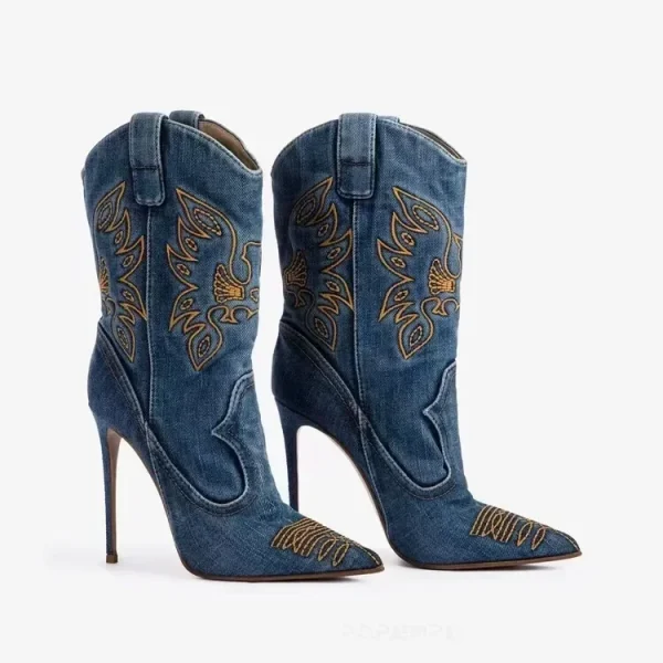 Women's New Embroidered Western Denim Knee Long Boots Fashion Pointed Thin High Heels